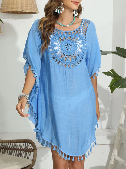 Tassel Crochet Round Neck Cover-Up - Sky Blue One Size