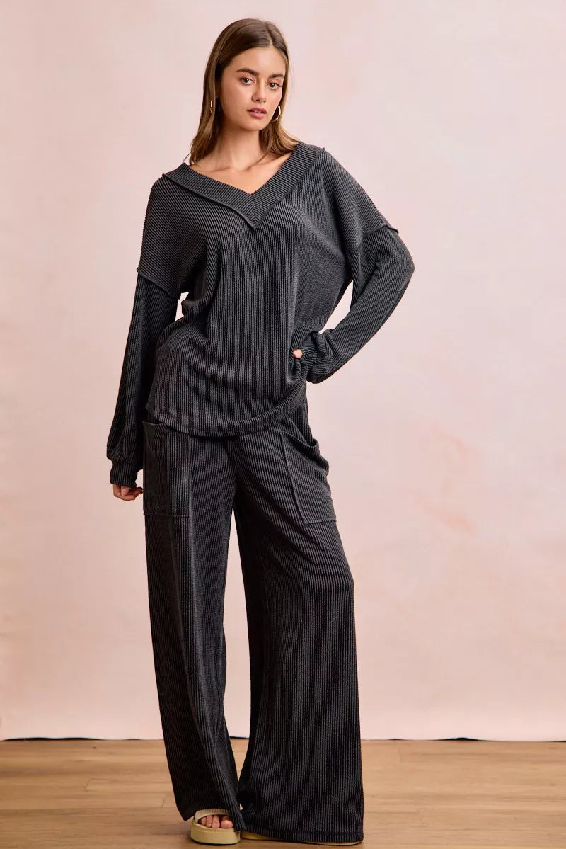 Two Tone Cord Rib V-Neck Top and Pants Set -
