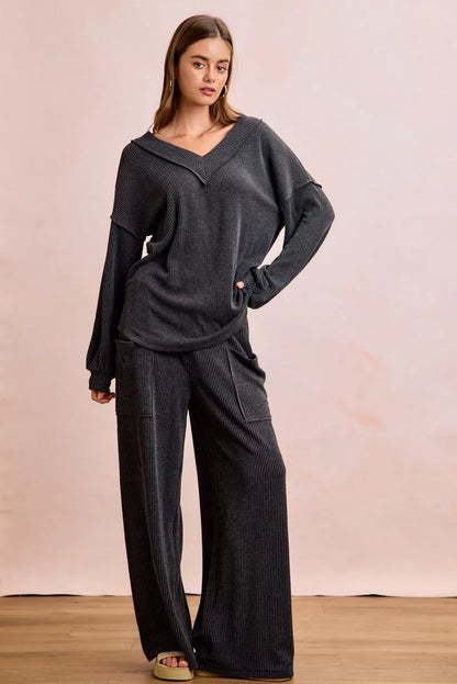 Two Tone Cord Rib V-Neck Top and Pants Set -