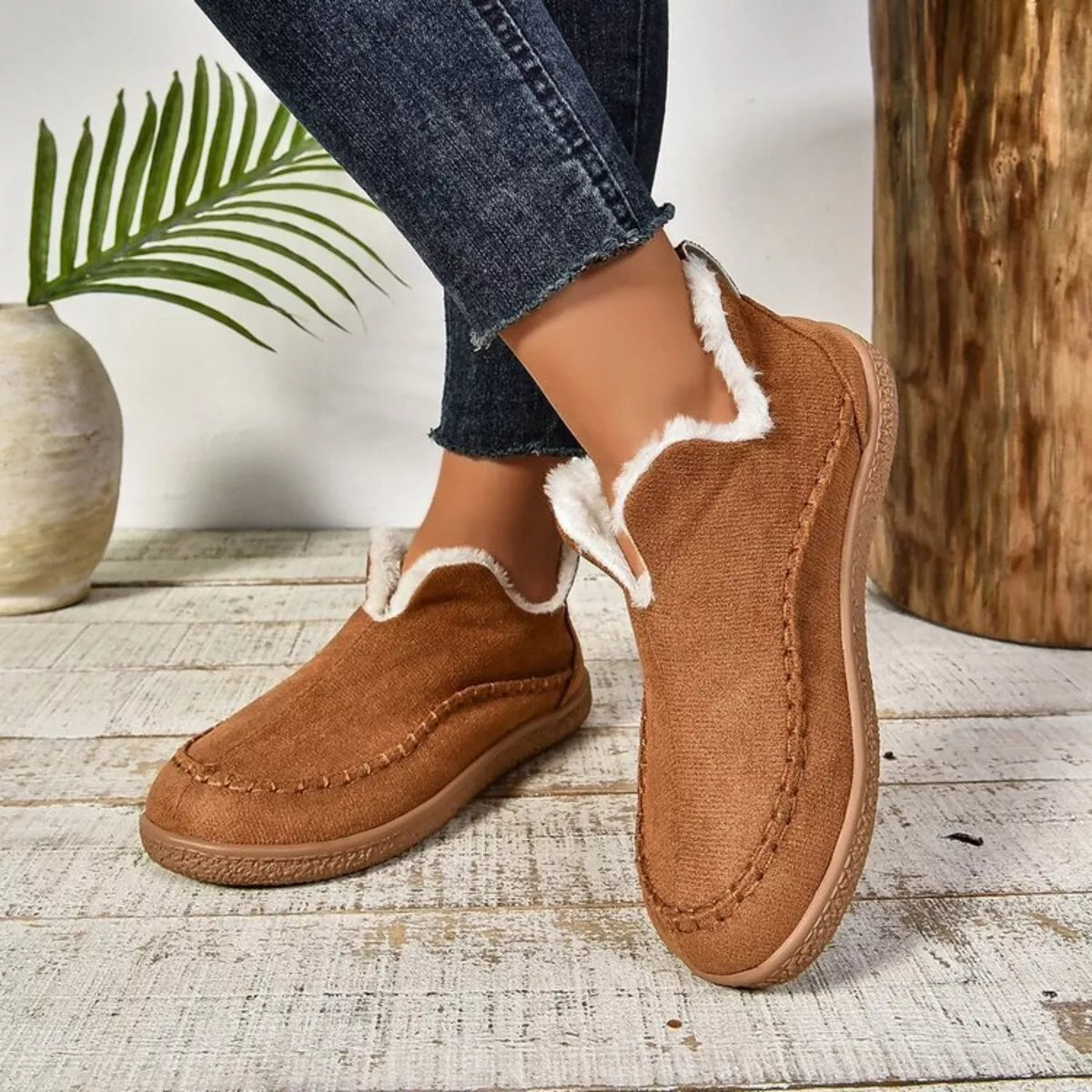 Round Toe Sherpa-Lined Slip-Ons - Caramel