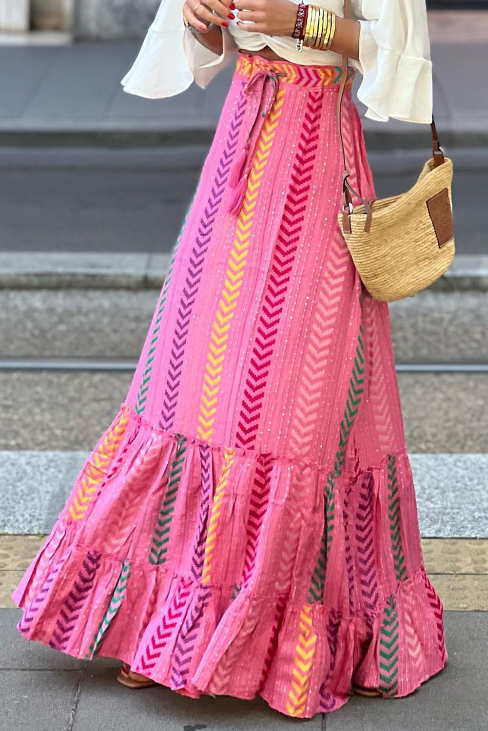 Drawstring Geometric High Waist Skirt - Pink