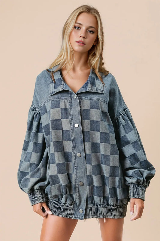 Checkered Button Up Denim Jacket - Medium