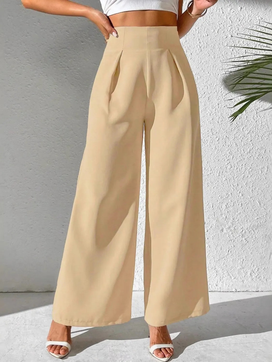 Wide Leg High Waist Pants - Tan