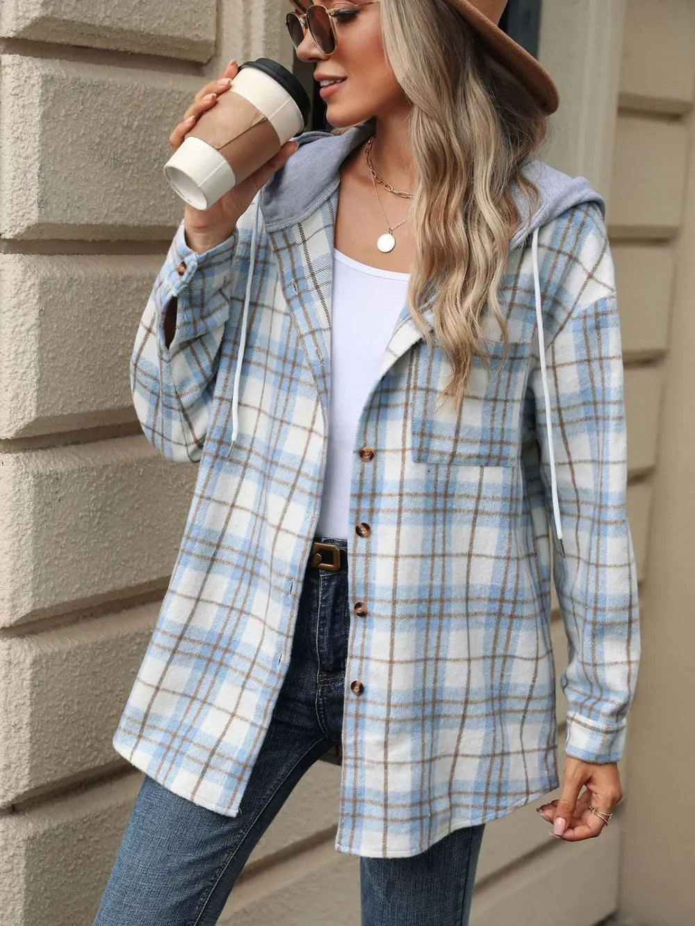 Drawstring Plaid Button Up Hooded Jacket -