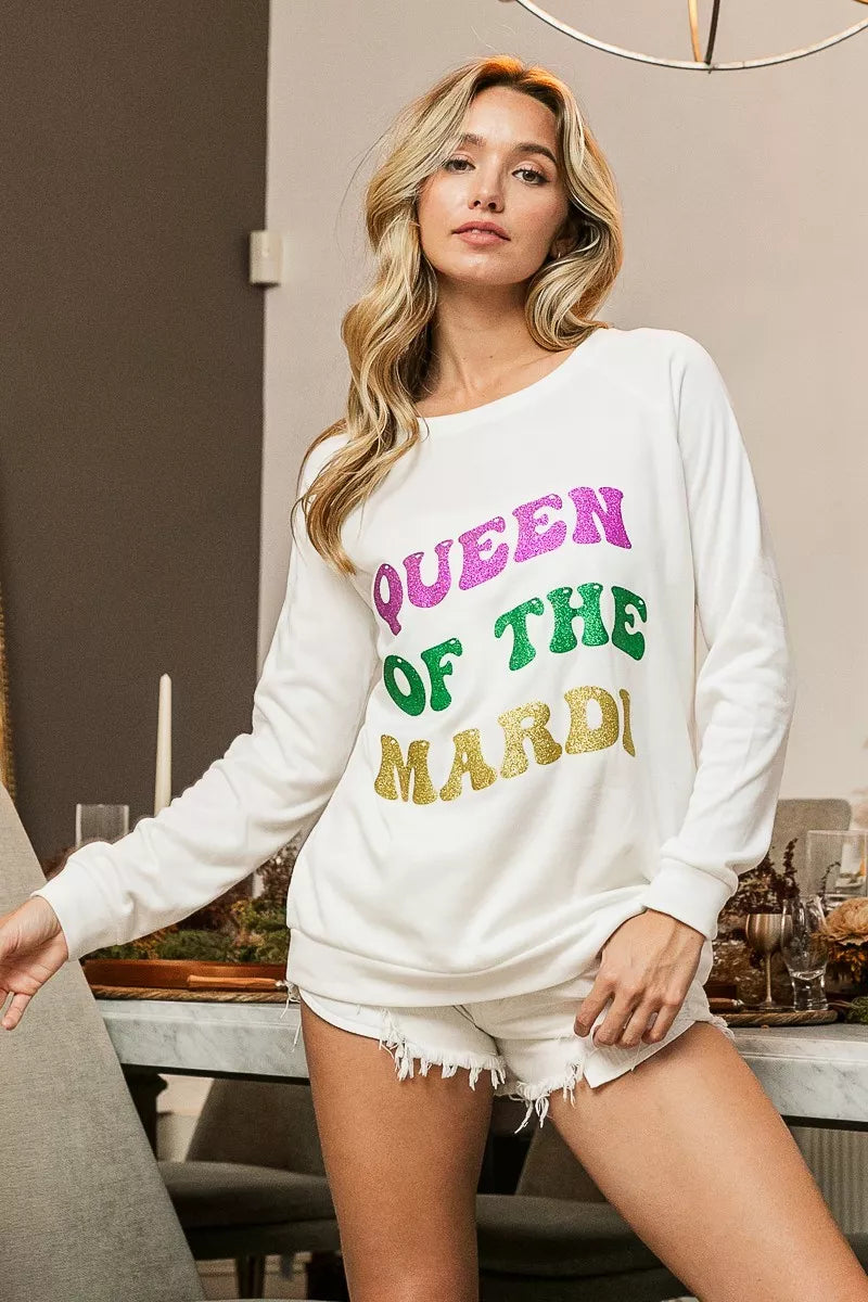 BiBi Queen Of Mardi Glitter Print Mardi Gras Sweatshirt - OFF WHITE