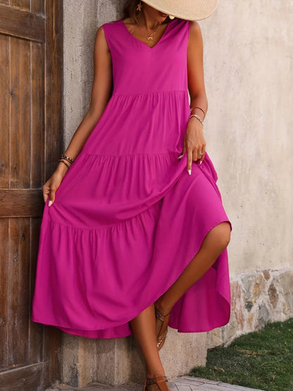 Tiered V-Neck Sleeveless Dress - Hot Pink