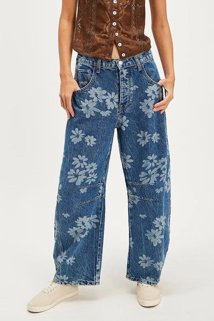 Flower Print Wide Leg Jeans -
