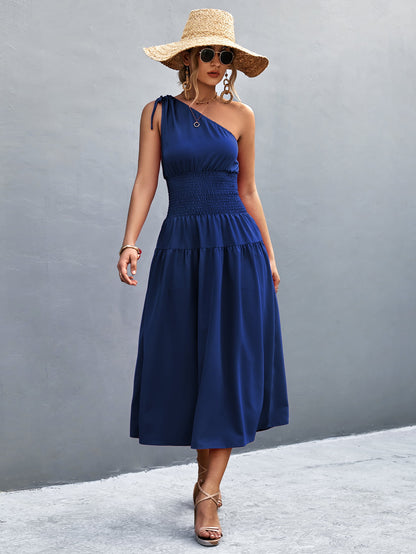 Asymmetrical One Shoulder Smocked Waist Midi Dress | AdoreStarr