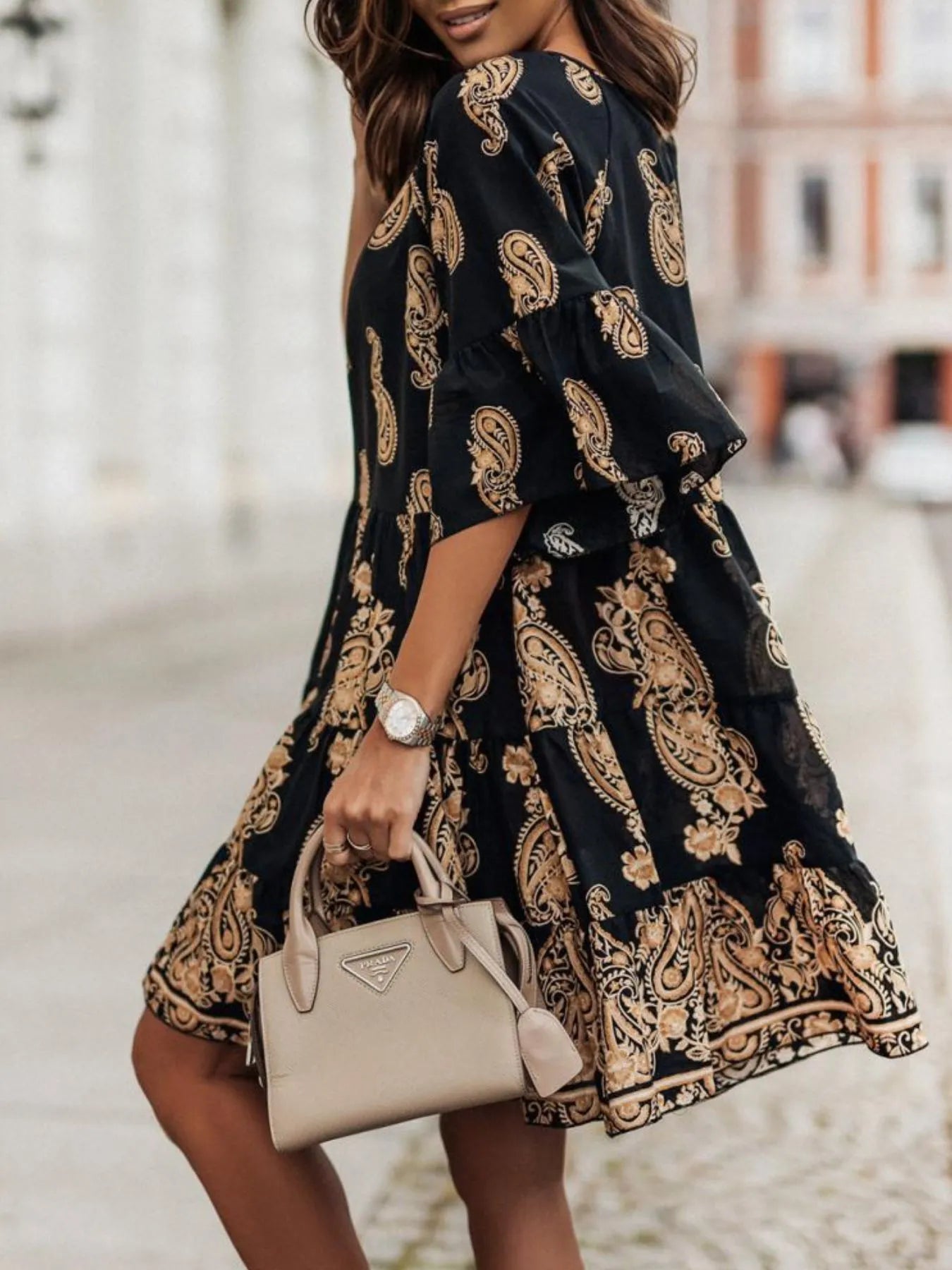 Paisley Print Tie Neck Half Sleeve Mini Dress -