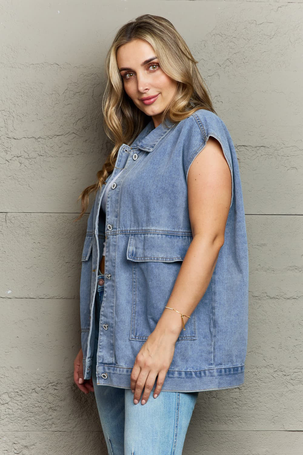Collared Neck Sleeveless Denim Top -
