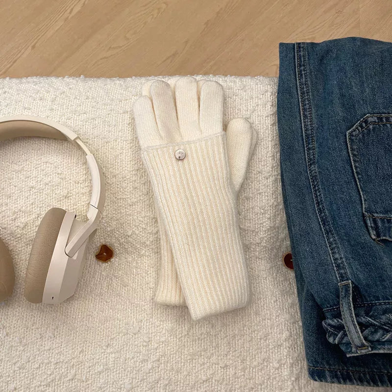 Ribbed Knit Touchscreen Gloves - Off-white One Size