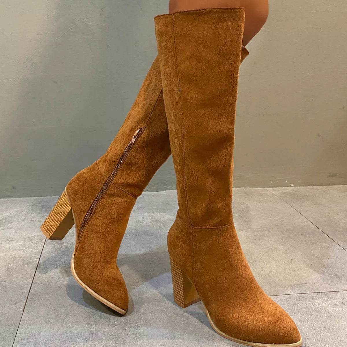 Point Toe Knee-High Suede Block Heel Boots - Brown