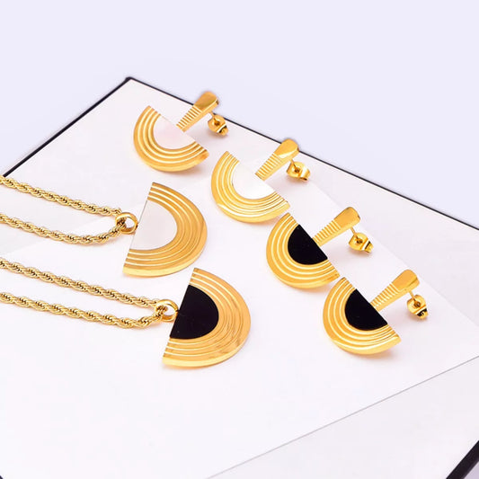 Geometric Half-Circle Necklace Ring and Earrings Jewelry Set -