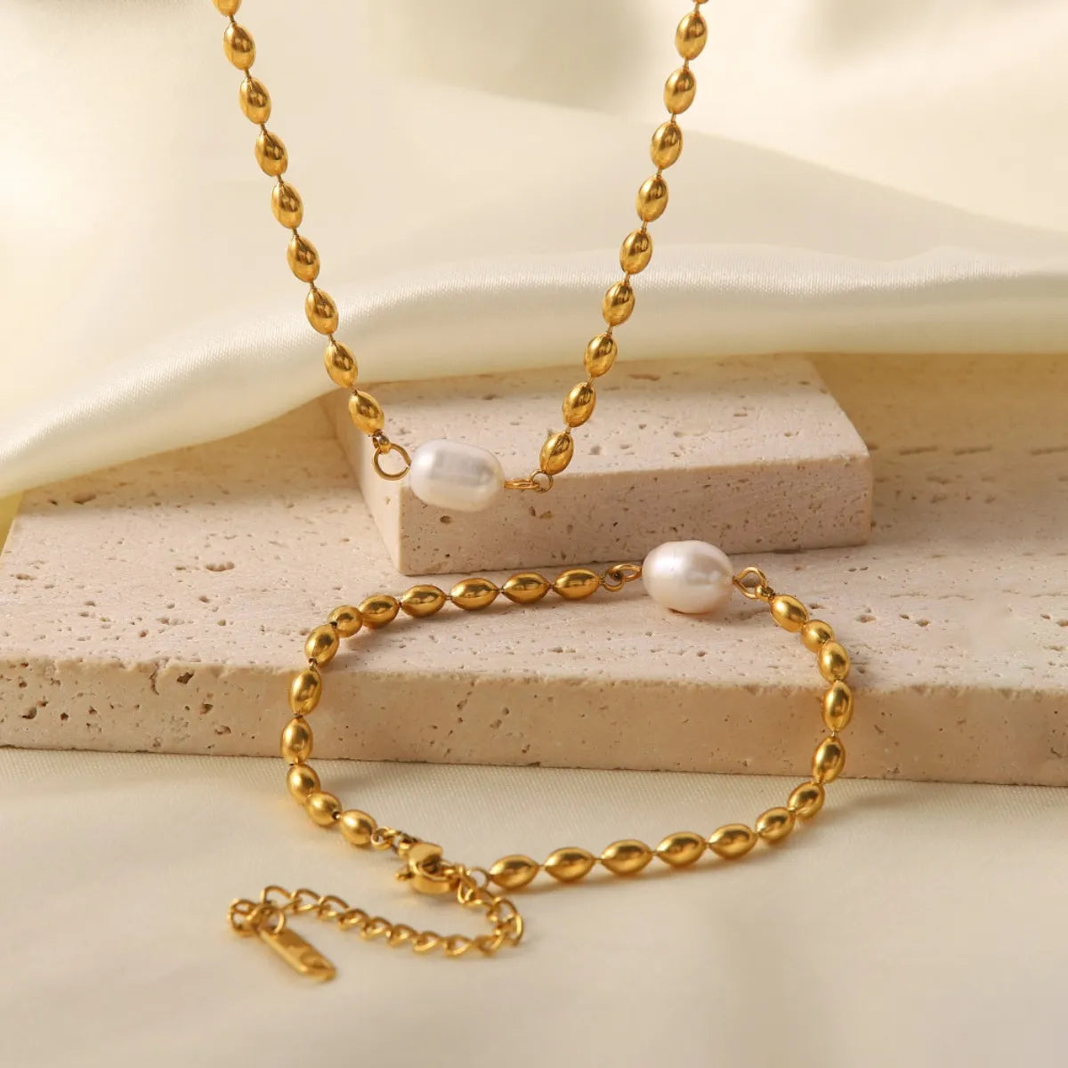 Pearl and Gold Chain Jewelry Set with Necklace and Bracelet - Gold One Size