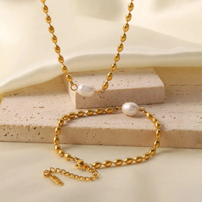 Pearl and Gold Chain Jewelry Set with Necklace and Bracelet - Gold One Size