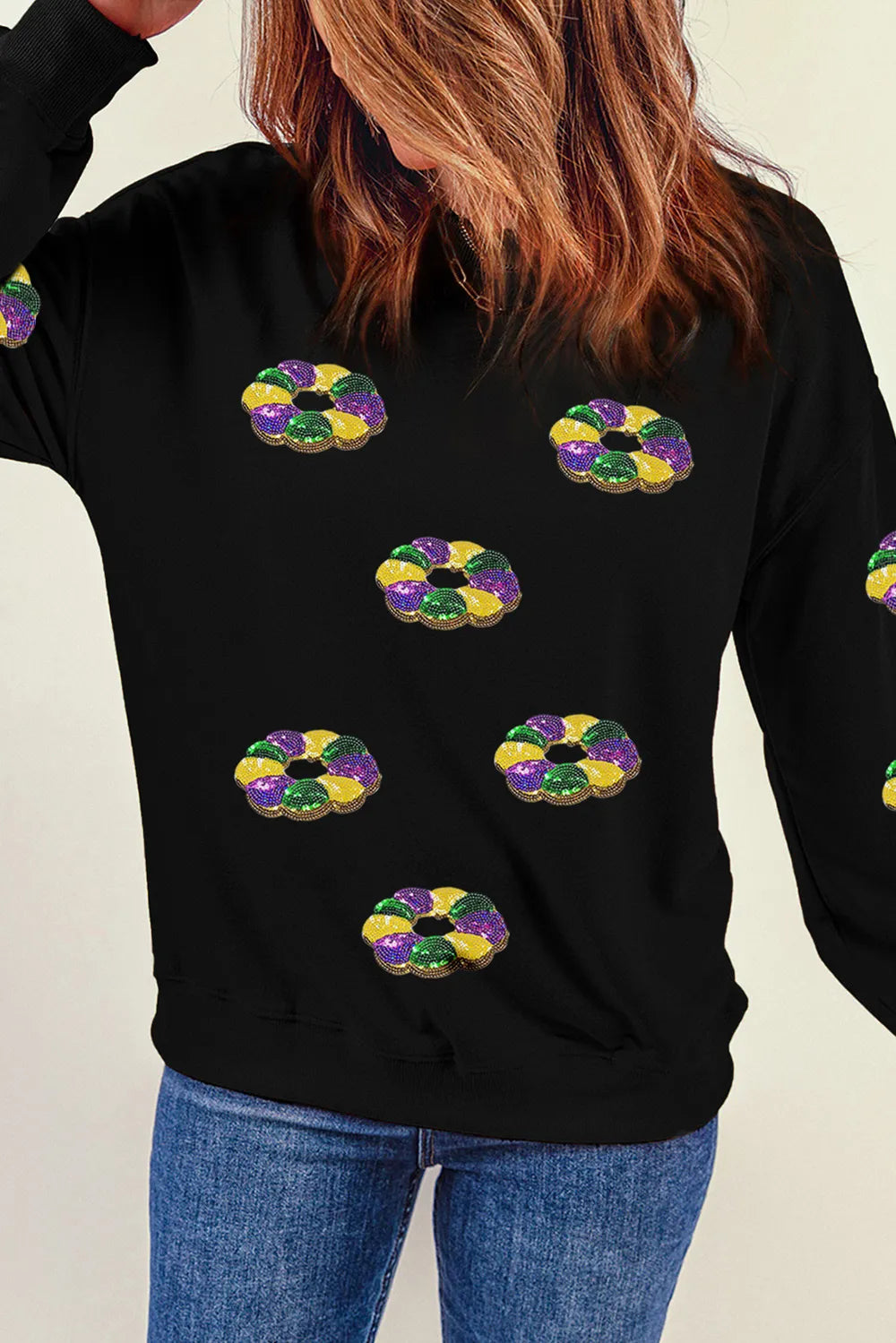 Sequin Round Neck Long Sleeve Sweatshirt -