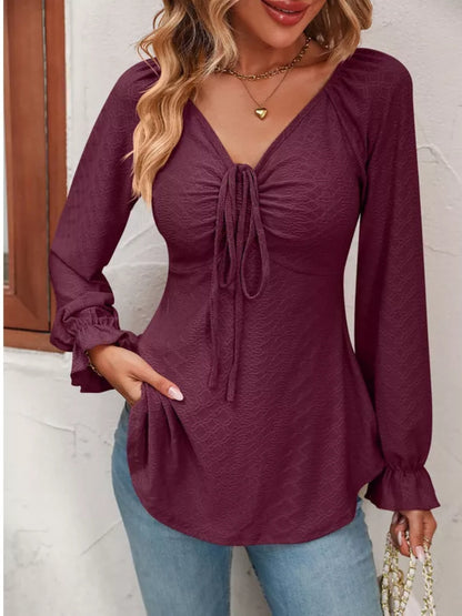 Drawstring Ruffled V-Neck Long Sleeve Blouse