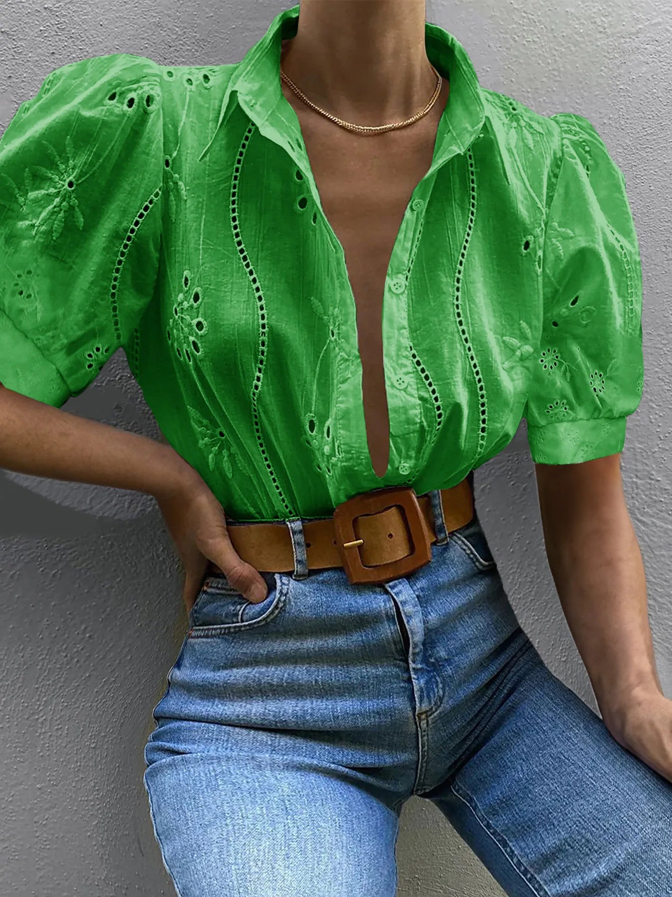 Eyelet Puff Sleeve Button-Up Shirt - Green