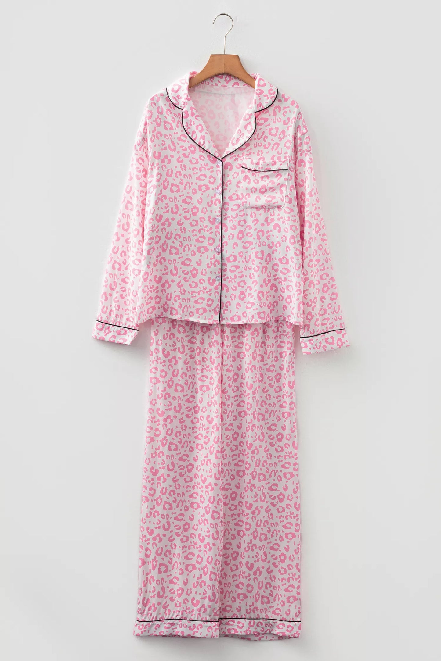 Leopard Print Button Up Top and Pants Pajama Set -