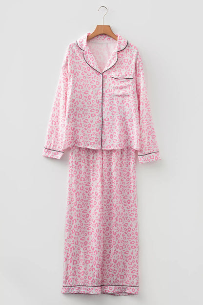 Leopard Print Button Up Top and Pants Pajama Set -