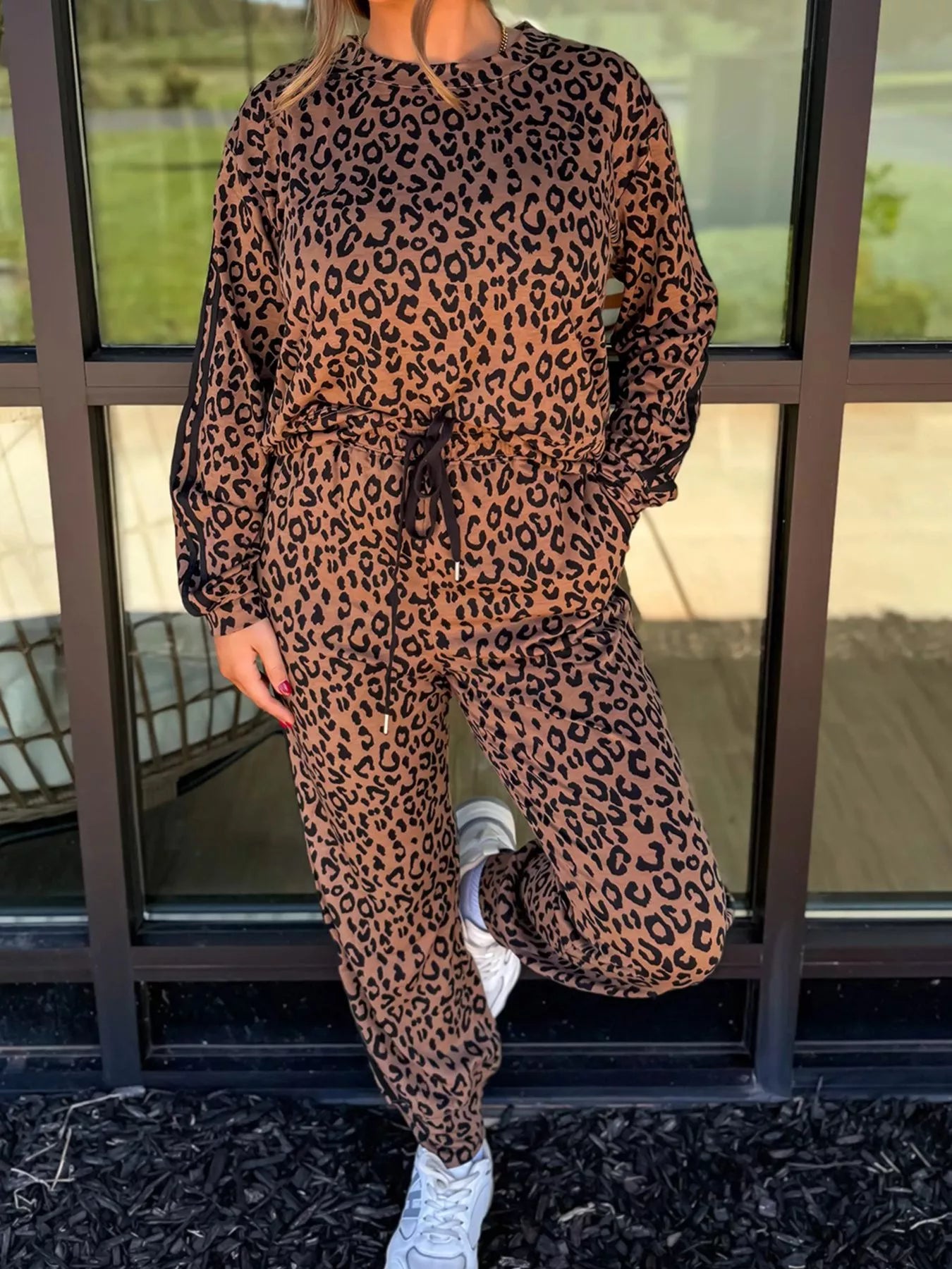 Striped Trim Leopard Long Sleeve Top Drawstring Pant Set - Brown