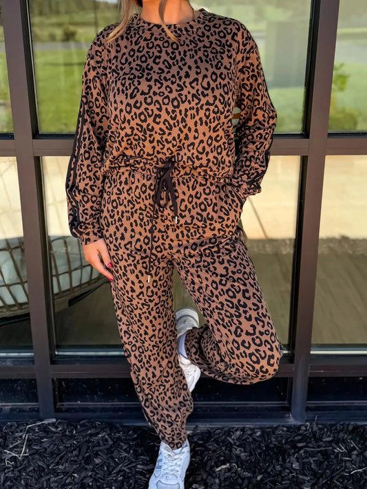 Striped Trim Leopard Long Sleeve Top Drawstring Pant Set - Brown
