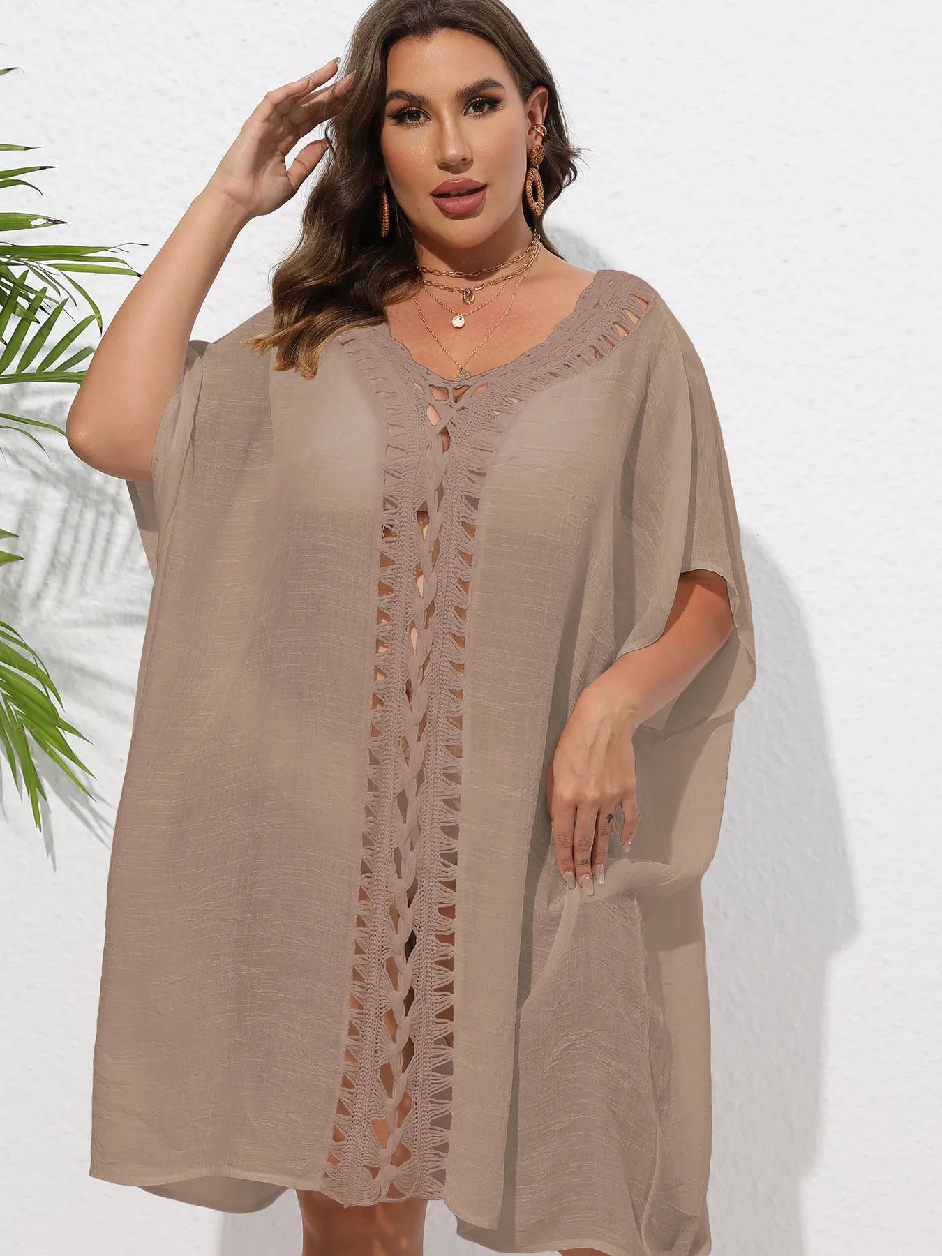 Crochet Trim V-Neck Beach Cover-Up Dress -