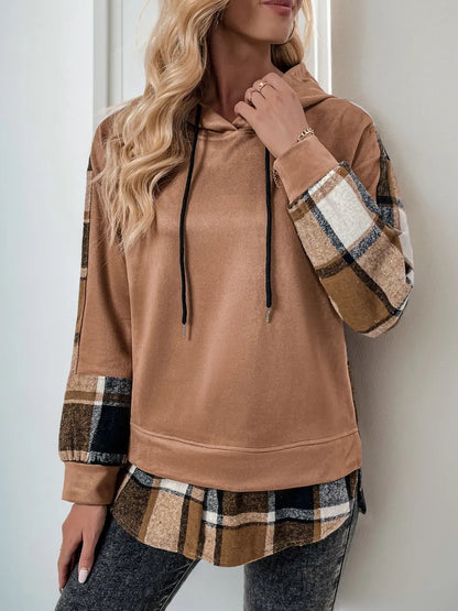 Drawstring Plaid Long Sleeve Hoodie -