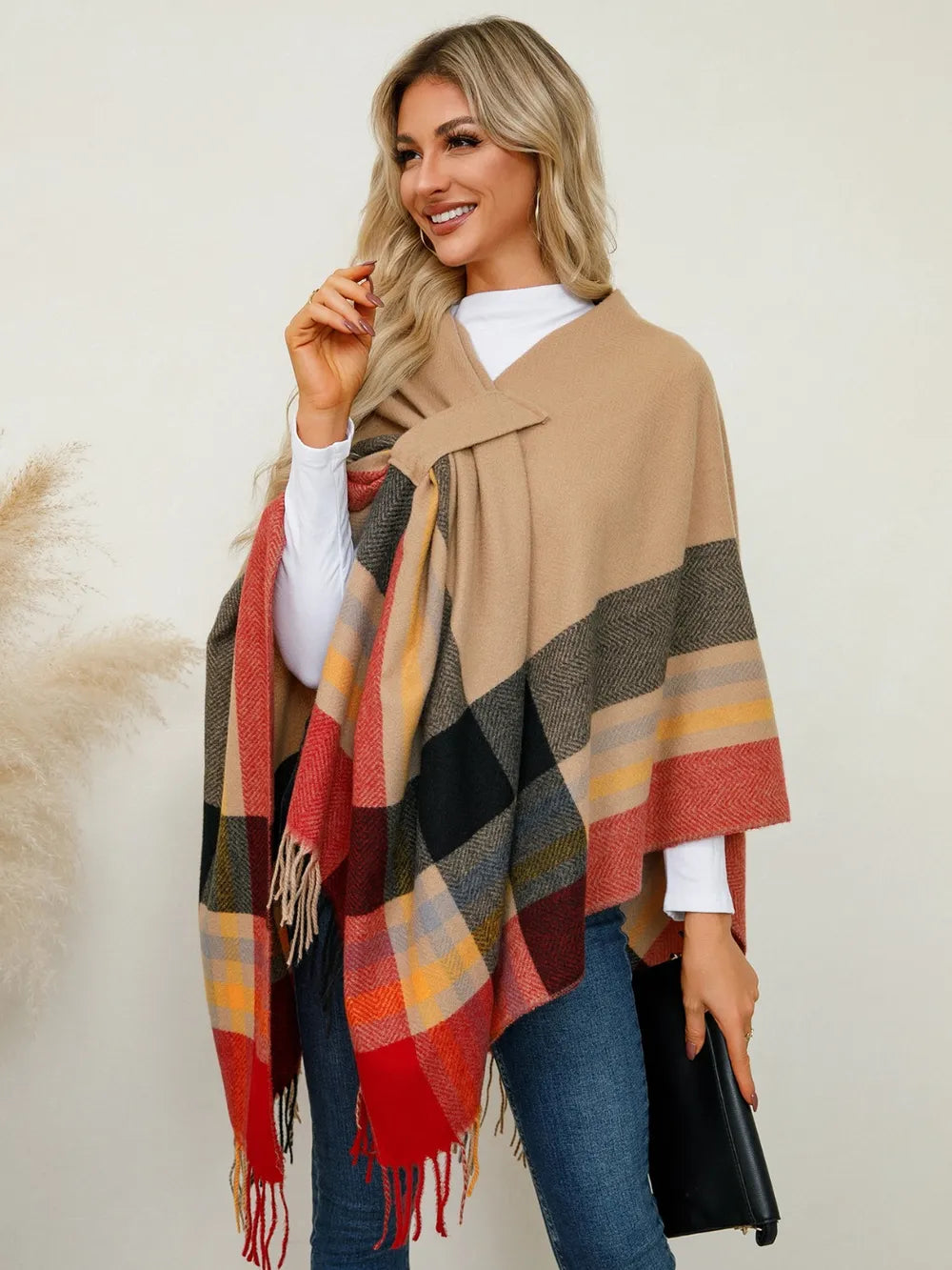 Fringe Contrast Plaid Poncho - Sherbet One Size