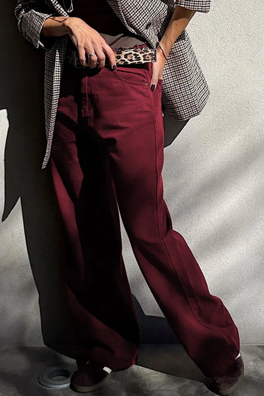 Wide Leg High Waist Fashion Jeans - Burgundy