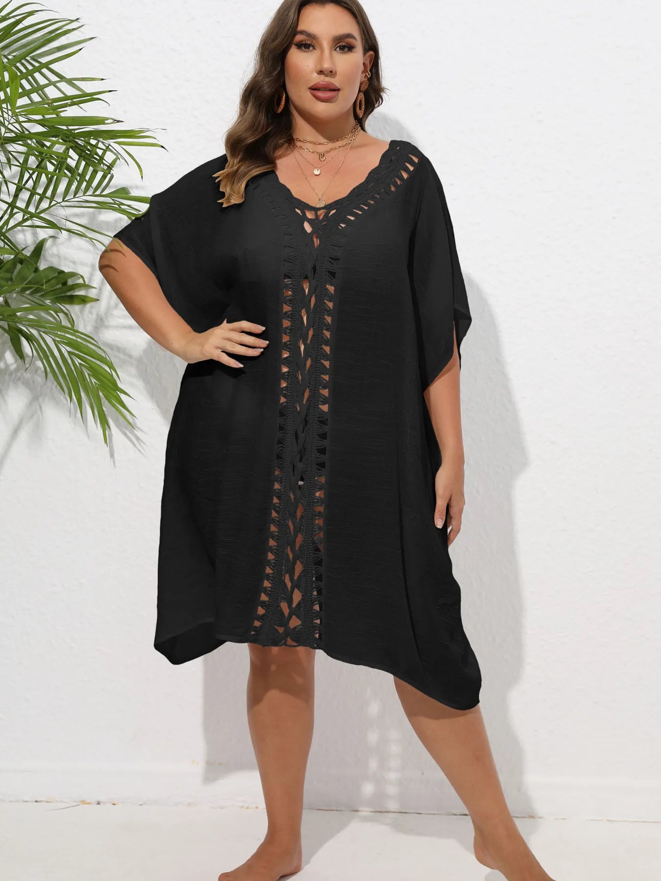 Crochet Trim V-Neck Beach Cover-Up Dress -