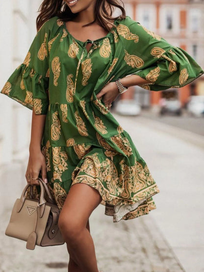 Paisley Print Tie Neck Half Sleeve Mini Dress - Green