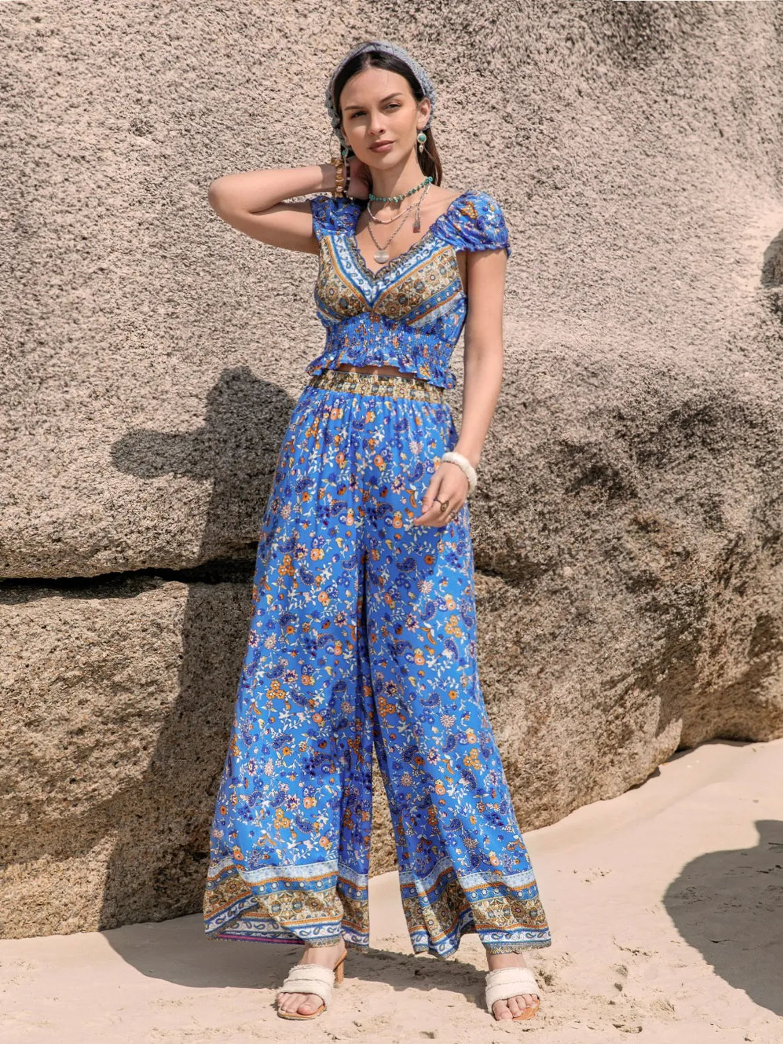 Printed V-Neck Top and Pants Set - Blue