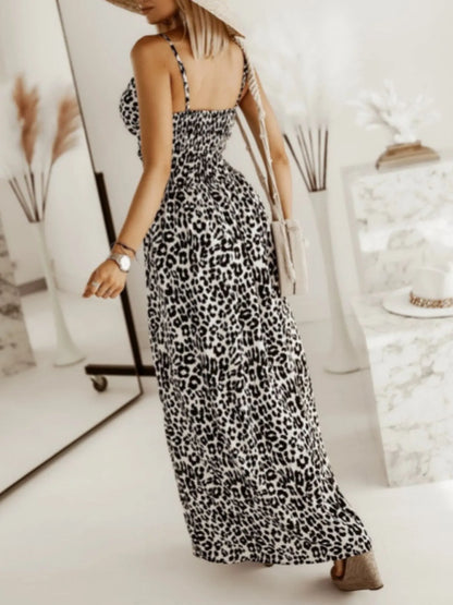 Leopard Print Spaghetti Strap Summer Maxi Dress -