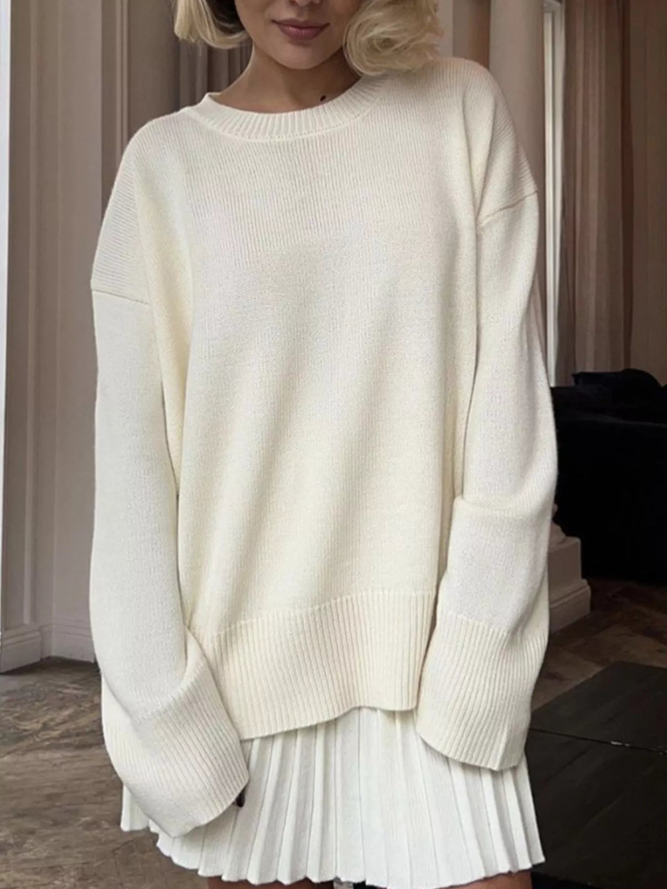 Round Neck Top and Pleated Skirt Sweater Set -