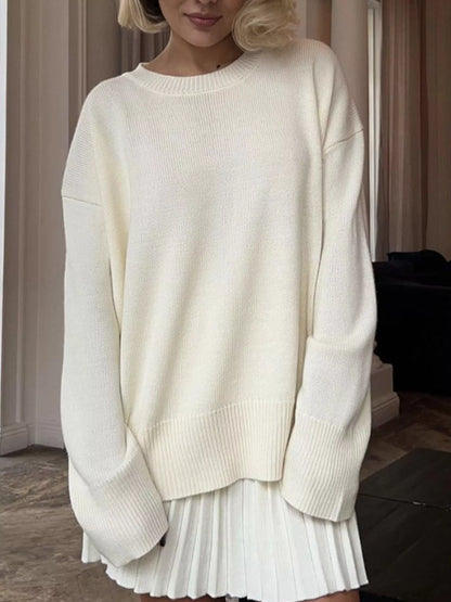 Round Neck Top and Pleated Skirt Sweater Set -