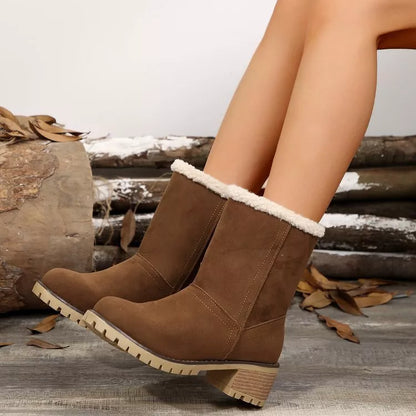 Round Toe Block Heels Boots - Khaki