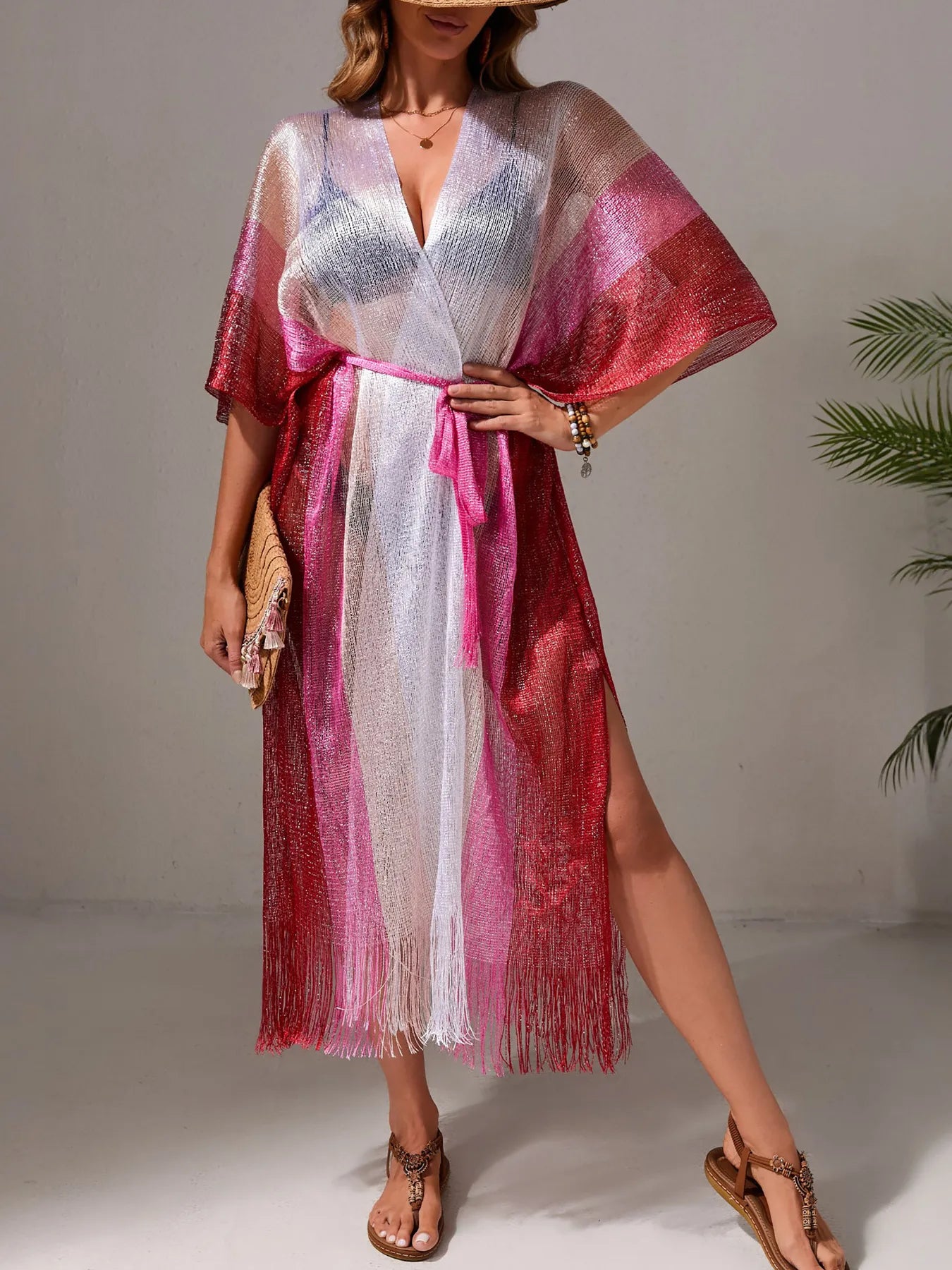 Gradient Fringe Kimono Cover-Up -