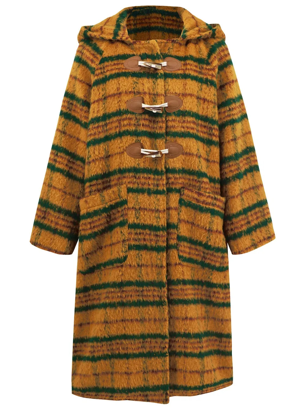 Plaid Long Sleeve Hooded Coat - Mustard
