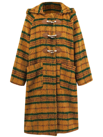 Plaid Long Sleeve Hooded Coat - Mustard