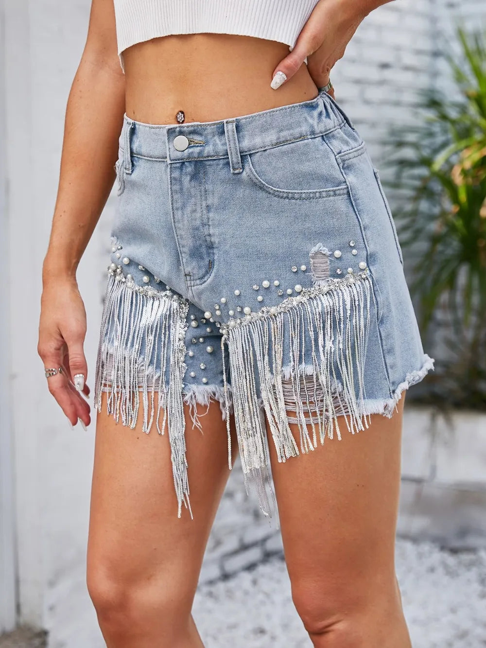 Distressed Pearl Trim Denim Shorts -
