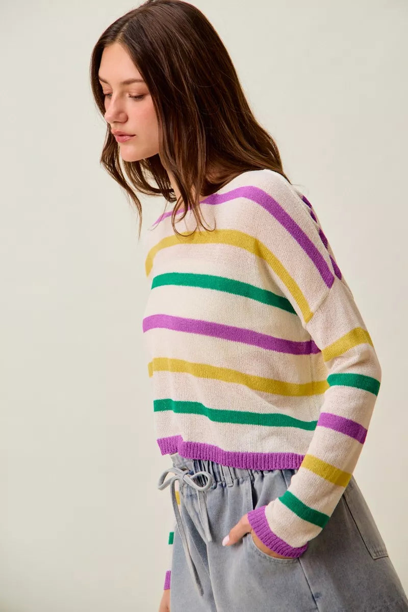 Mardi Gras Color Stripe Lightweight Sweater Top -