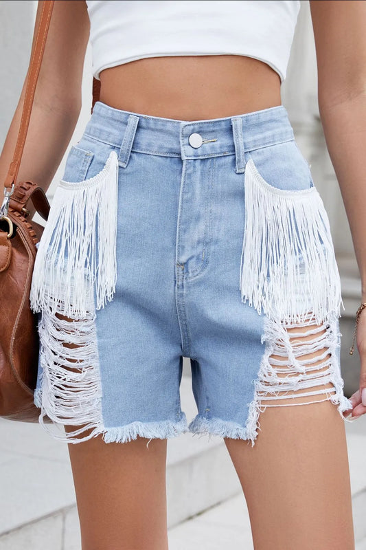 Distressed Fringe Denim Shorts - Blue
