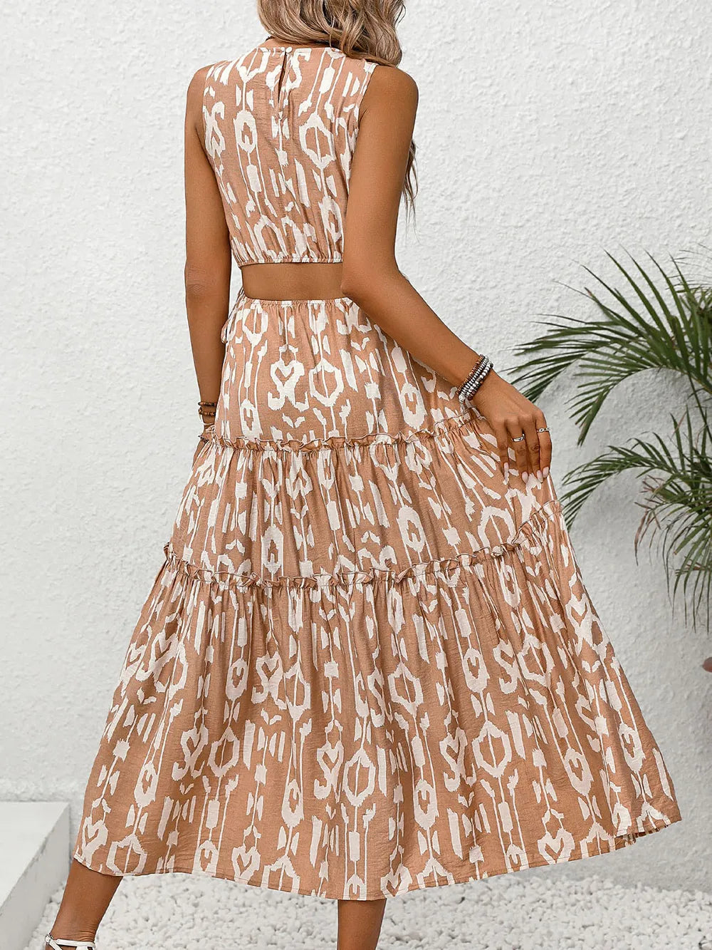 Frill Printed Round Neck Sleeveless Dress -