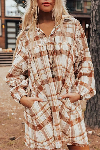 Plaid Collared Neck Long Sleeve Mini Shirt Dress -