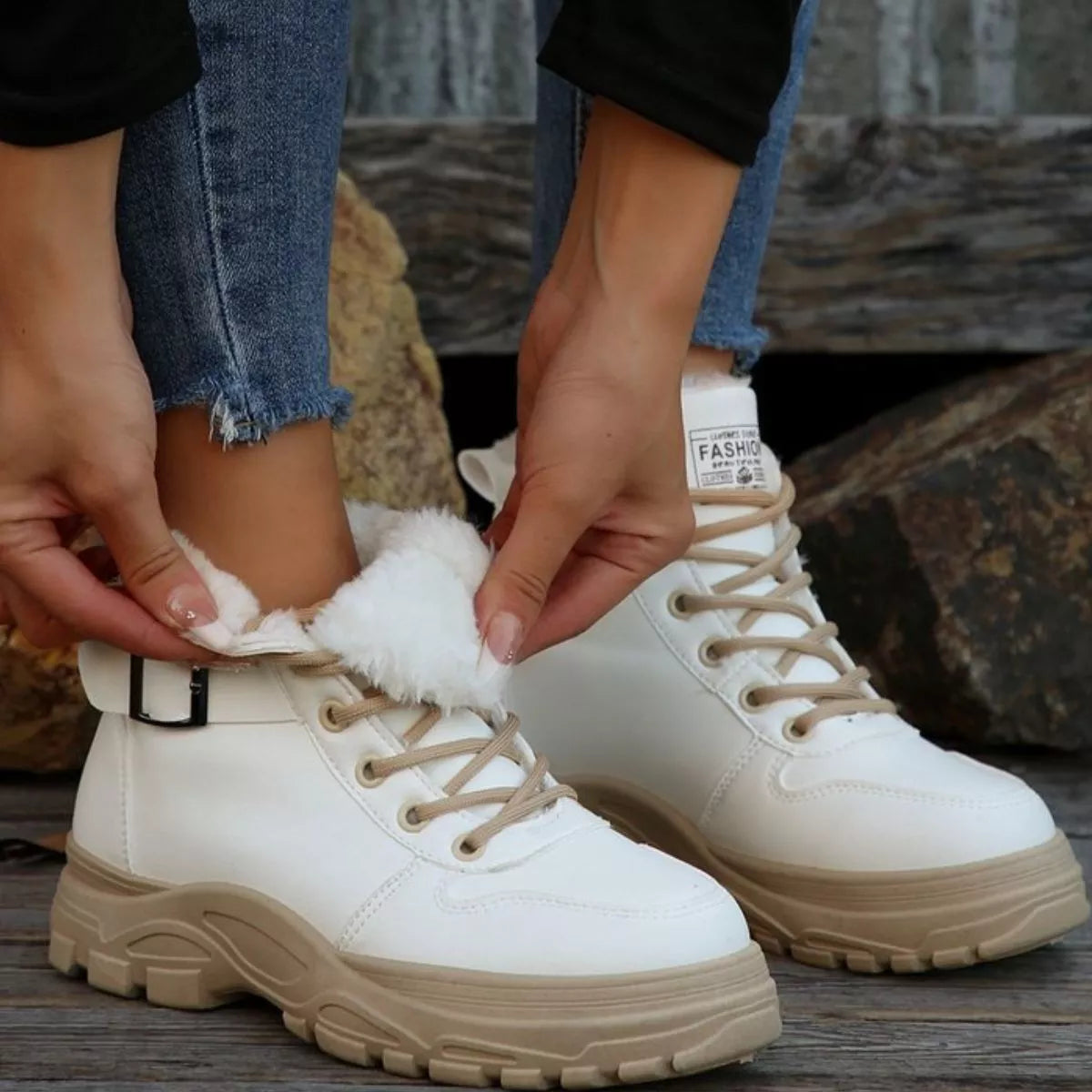 Warm Lined Ankle Boots with Buckle Detail - White
