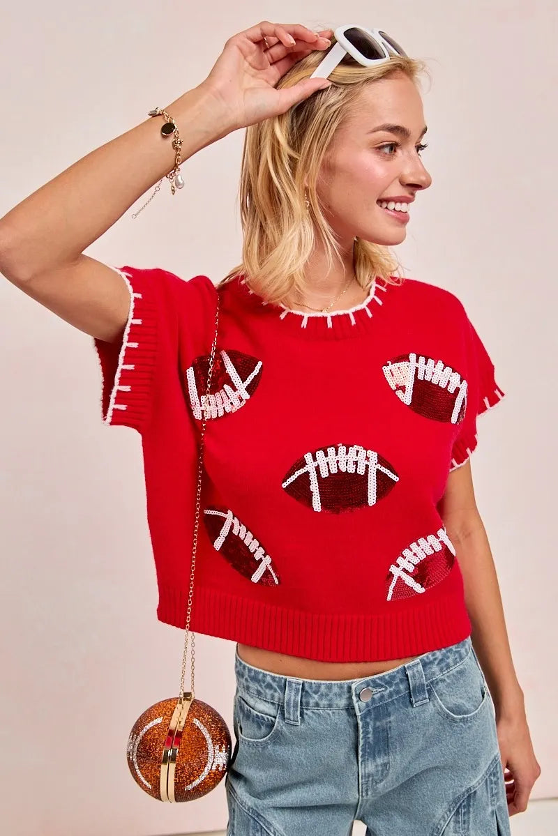 Gameday Sequin Football Embroidered Stitch Sweater -
