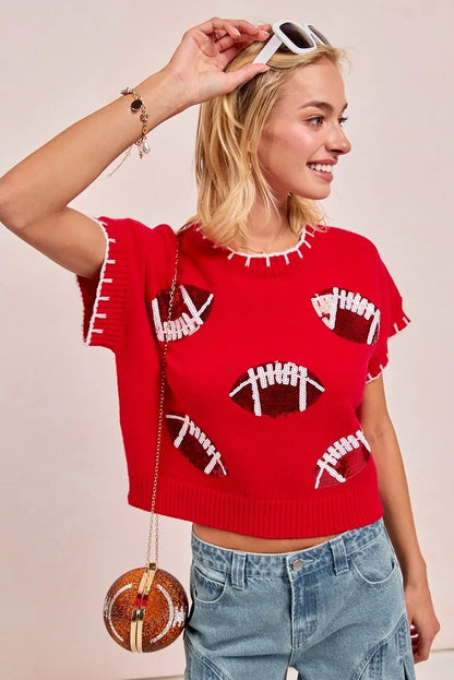 Gameday Sequin Football Embroidered Stitch Sweater -