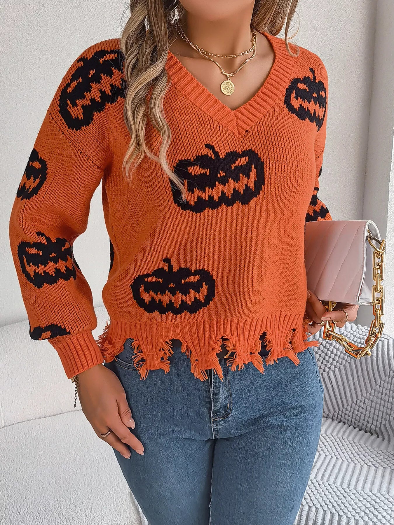 Pumpkin Pattern Raw Hem V-Neck Sweater - Orange