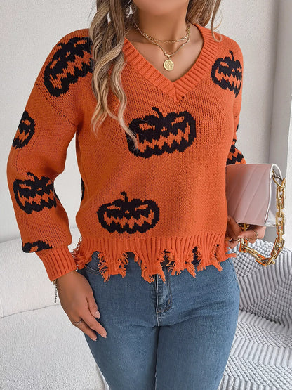 Pumpkin Pattern Raw Hem V-Neck Sweater - Orange